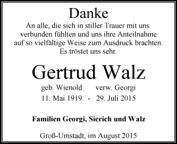 Traueranzeige von Gertrud Walz von trauer.echo-online.de