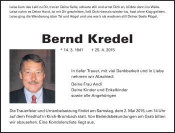 Traueranzeige von Bernd Kredel von Odenwälder Echo