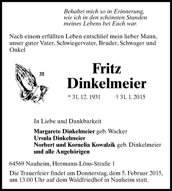 Traueranzeige von Fritz Dinkelmeier von Rüsselsheimer Echo, Groß-Gerauer-Echo, Ried Echo
