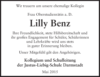 Traueranzeige von Lilly Benz von Echo-Zeitungen (Gesamtausgabe)