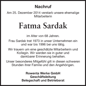 Traueranzeige von Fatma Sardak von Odenwälder Echo