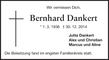 Traueranzeige von Bernhard Dankert von Echo-Zeitungen (Gesamtausgabe)