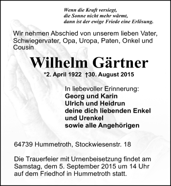 Traueranzeige von Wilhelm Gärtner von trauer.echo-online.de