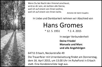 Traueranzeige von Hans Gromes von Odenwälder Echo