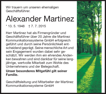 Traueranzeige von Alexander Martinez von Echo-Zeitungen (Gesamtausgabe)