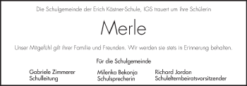 Traueranzeige von Merle  von Echo-Zeitungen (Gesamtausgabe)