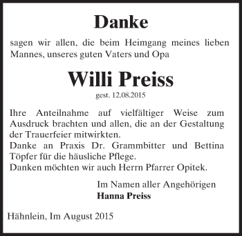 Traueranzeige von Willi Preiss von trauer.echo-online.de