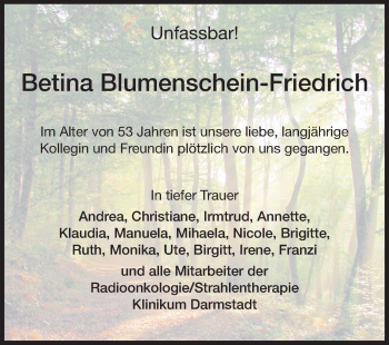 Traueranzeige von Betina Blumenschein-Friedrich von Darmstädter Echo