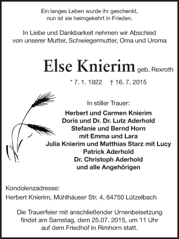 Traueranzeige von Else Knierim von Odenwälder Echo