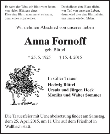 Traueranzeige von Anna Fornoff von Odenwälder Echo