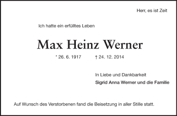 Traueranzeige von Max Heinz Werner von Echo-Zeitungen (Gesamtausgabe)