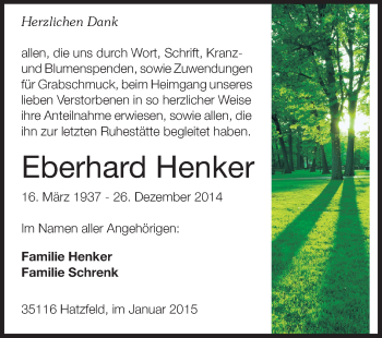 Traueranzeige von Eberhard Henker von Echo-Zeitungen (Gesamtausgabe)