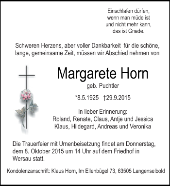 Traueranzeige von Margarete Horn von trauer.echo-online.de