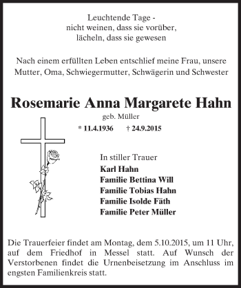 Traueranzeige von Rosemarie Anna Margarete Hahn von trauer.echo-online.de