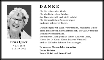Traueranzeige von Erika Quick von trauer.echo-online.de