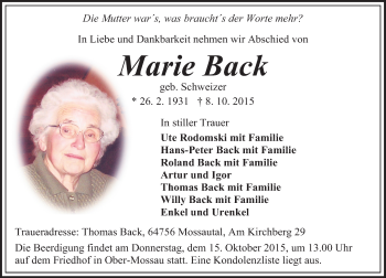 Traueranzeige von Marie Back von trauer.echo-online.de