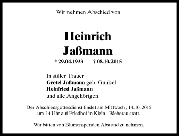 Traueranzeige von Heinrich Jaßmann von trauer.echo-online.de