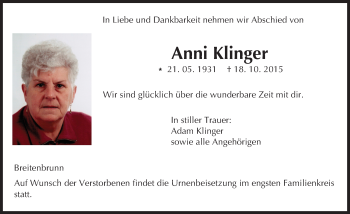 Traueranzeige von Anni Klinger von trauer.echo-online.de