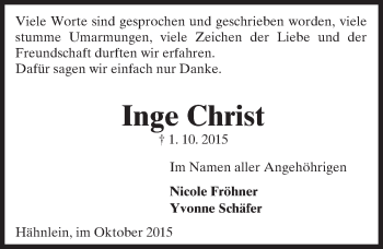 Traueranzeige von Inge Christ von trauer.echo-online.de