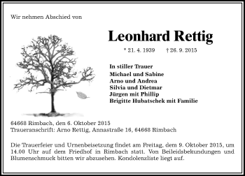 Traueranzeige von Leonhard Rettig von trauer.echo-online.de