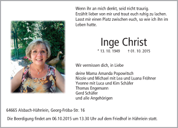 Traueranzeige von Inge Christ von trauer.echo-online.de