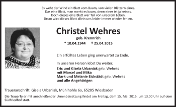 Traueranzeige von Christel Wehres von  WI-komplett