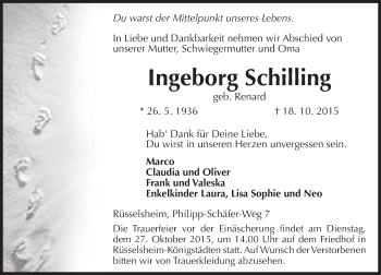 Traueranzeige von Ingeborg Schilling von  Mainspitze