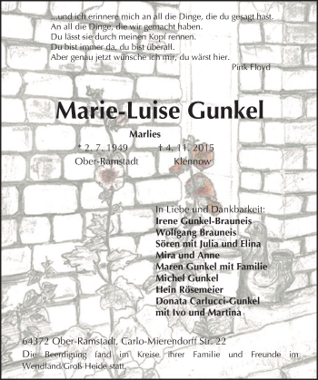 Traueranzeige von Marie-Luise Gunkel von trauer.echo-online.de