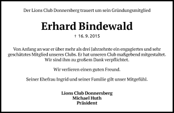 Traueranzeige von Erhard Bindewald von  Alzey