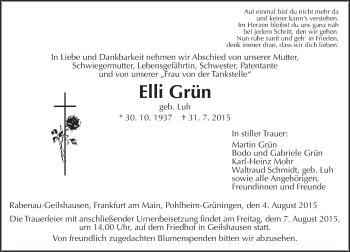 Traueranzeige von Elli Grün von  Gießener Anzeiger