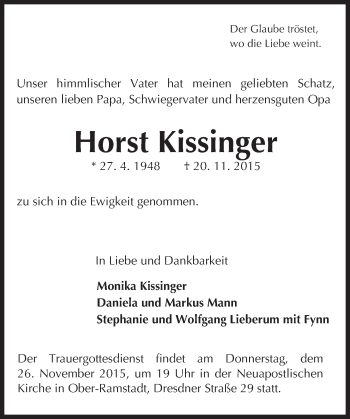 Traueranzeige von Horst Kissinger von trauer.echo-online.de
