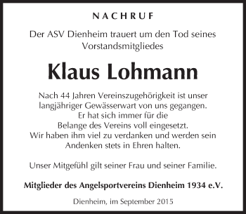 Traueranzeige von Klaus Lohmann von  Landskrone