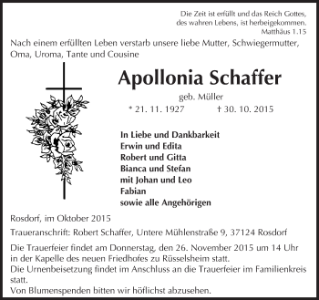 Traueranzeige von Apollonia Schaffer von trauer.echo-online.de
