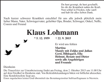 Traueranzeige von Klaus Lohmann von  Landskrone