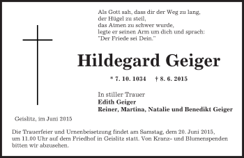 Traueranzeige von Hildegard Geiger von Darmstädter Echo