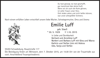 Traueranzeige von Emilie Luff von  Landskrone