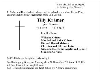 Traueranzeige von Tilly Krämer von trauer.echo-online.de