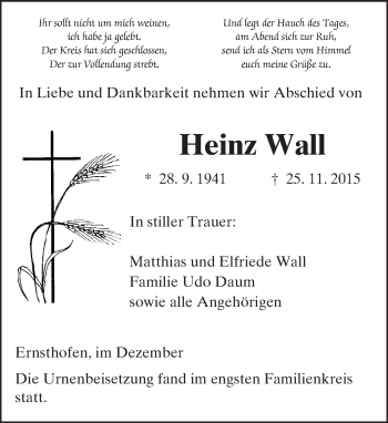 Traueranzeige von Heinz Wall von trauer.echo-online.de
