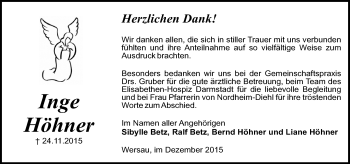 Traueranzeige von Inge Höhner von trauer.echo-online.de