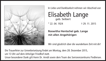 Traueranzeige von Elisabeth Lange von trauer.echo-online.de