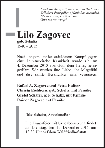 Traueranzeige von Lilo Zagovec von trauer.echo-online.de