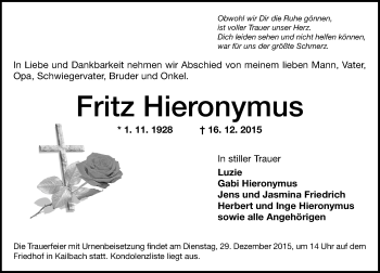 Traueranzeige von Fritz Hieronymus von trauer.echo-online.de