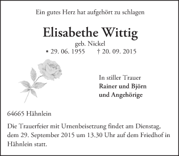 Traueranzeige von Elisabethe Wittig von trauer.echo-online.de