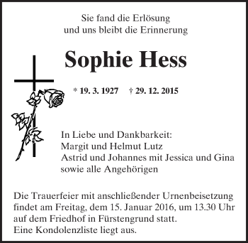 Traueranzeige von Sophie Hess von trauer.echo-online.de