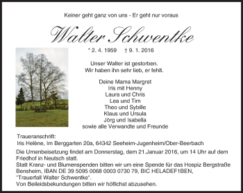 Traueranzeige von Walter Schwentke von trauer.echo-online.de