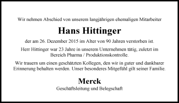Traueranzeige von Hans Hittinger von trauer.echo-online.de