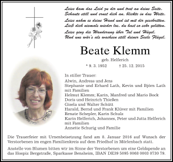 Traueranzeige von Beate Klemm von trauer.echo-online.de