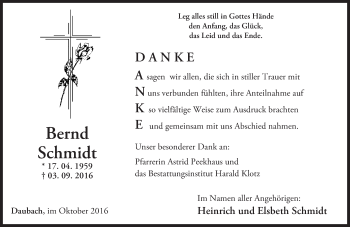 Traueranzeige von Bernd Schmidt von Trauerportal Rhein Main Presse