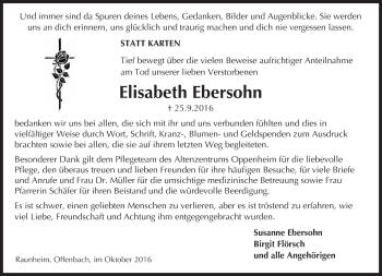 Traueranzeige von Elisabeth Ebersohn von Trauerportal Rhein Main Presse