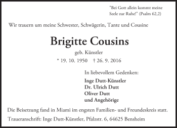 Traueranzeige von Brigitte Cousins von Trauerportal Echo Online